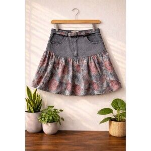 Vintage 90’s Floral Tapestry Hem Belted Denim Yoke Skirt | Size S